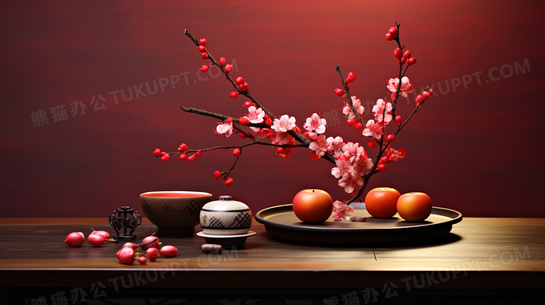 红色中国风花束茶艺图片