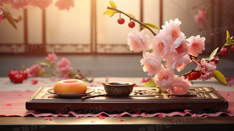 红色中国风茶台花艺图片