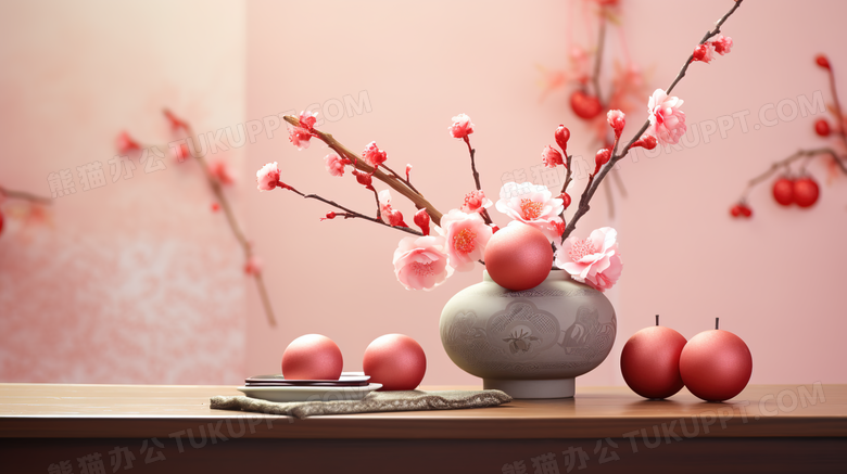 红色中国风茶台花艺图片