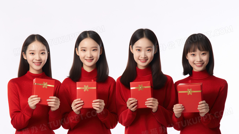 4个穿着红色毛衣开心过新年的女孩展示他们收到的礼物