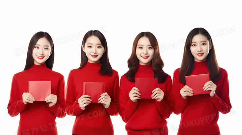 4个穿着红色毛衣开心过新年的女孩展示他们收到的红包