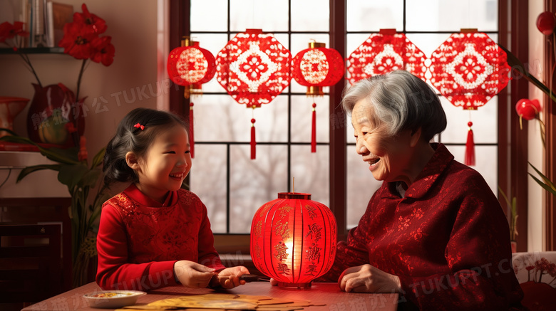 寒假春节可爱的女孩和奶奶一起剪窗花过新年