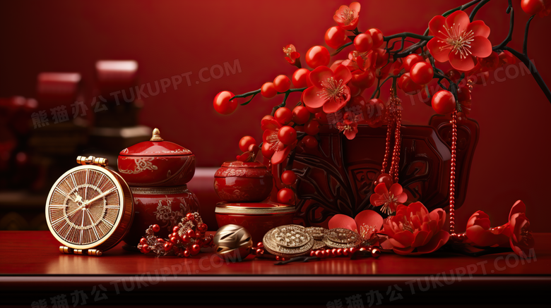 新年红色花卉物品陈列图片