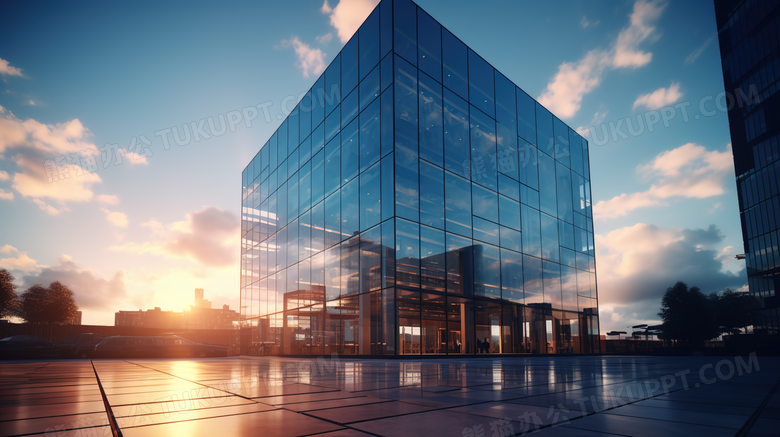 黄昏下的现代玻璃外墙商务建筑图片