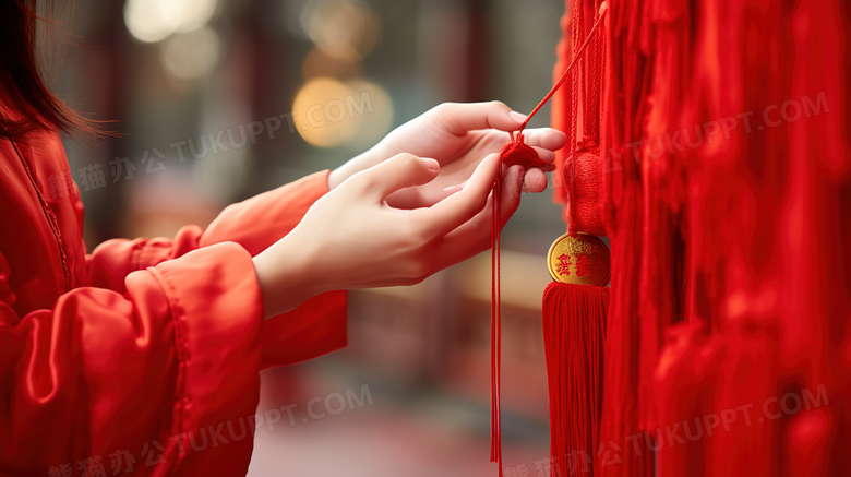 绑红色绳结祈祷的女孩图片