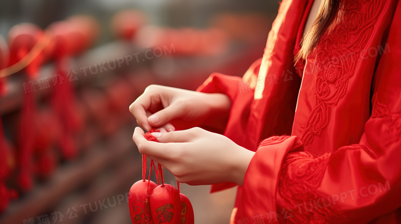绑红色绳结祈祷的女孩图片