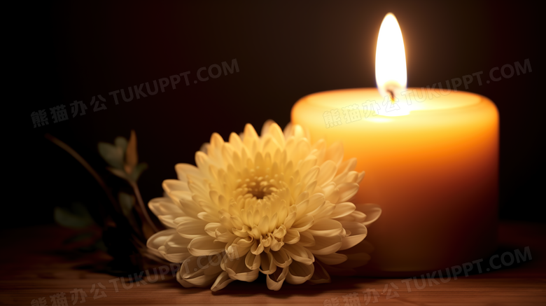 点燃的白色蜡烛和菊花图片