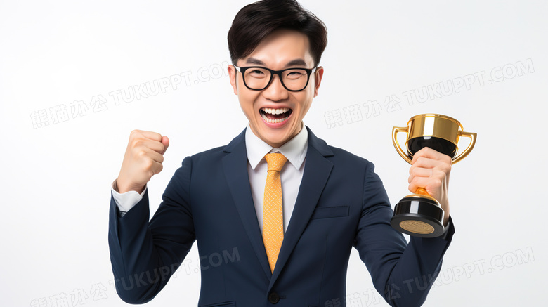 商务男士开心的举着奖杯庆祝成功
