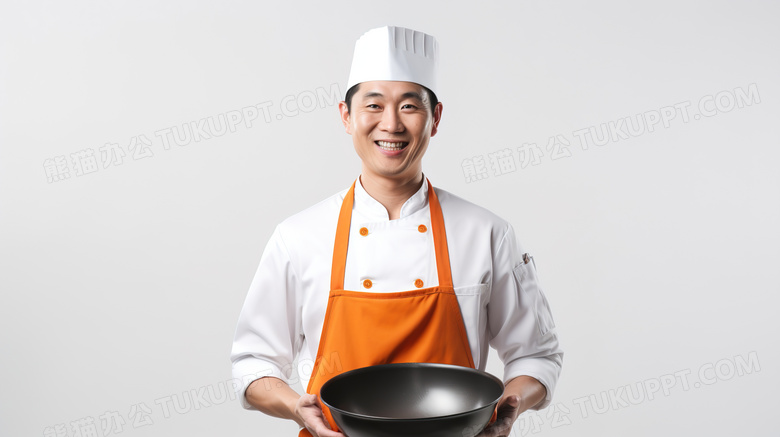 男厨师开心的拿着铁锅准备烹饪