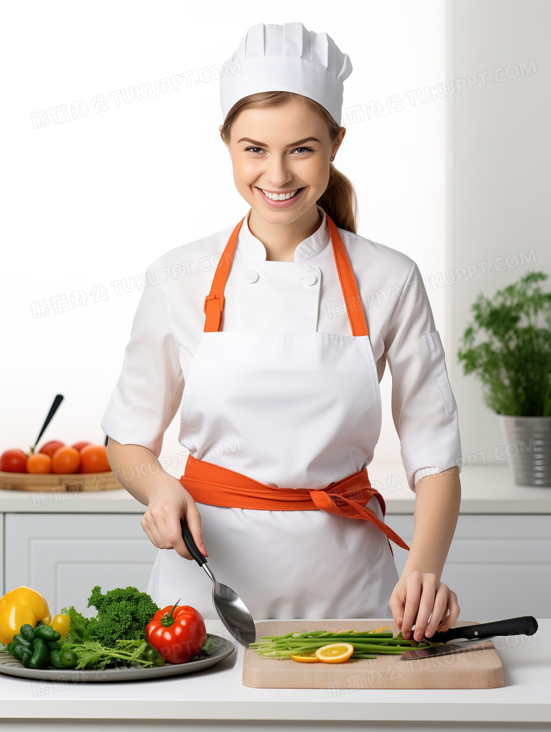 女厨师开心的处理食材准备烹饪