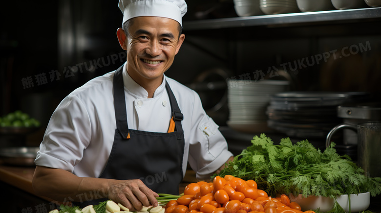 男厨师开心的处理食材准备烹饪西餐