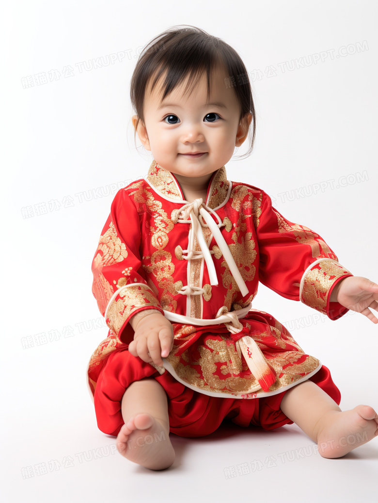 穿着红色传统服饰的可爱中国儿童