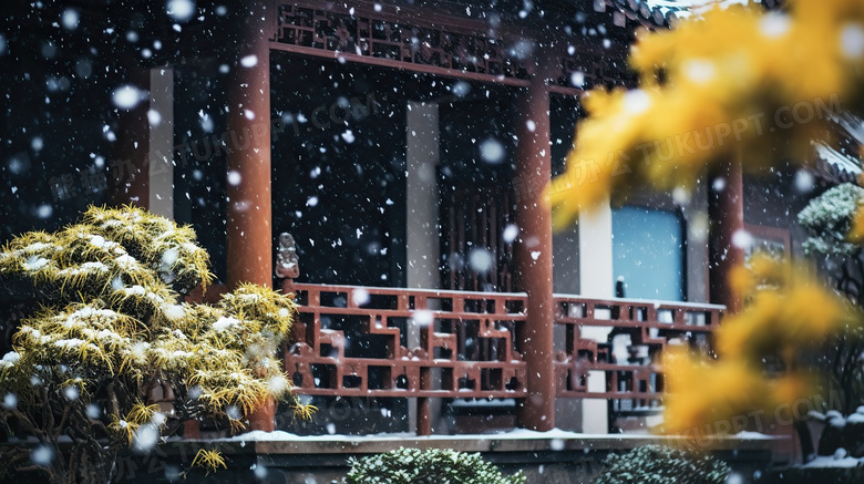 中式建筑冬季飘雪图片