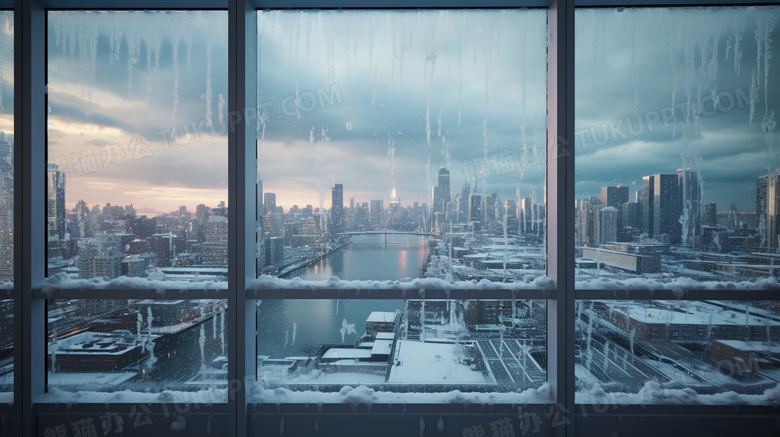 冬天城市窗外雪景图片