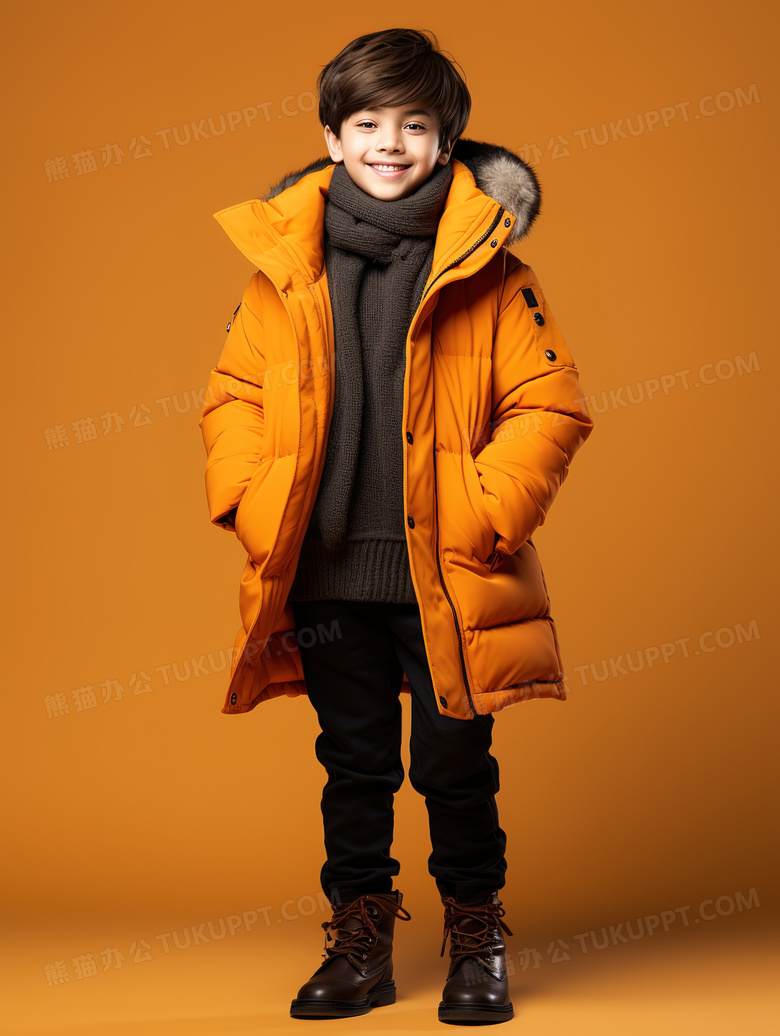 穿着冬季新品童装羽绒服的男孩模特图片