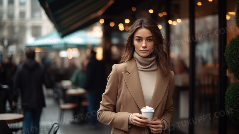 冬天拿着咖啡的外国美女图片