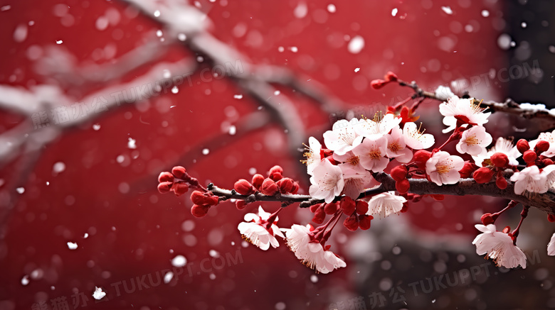 冬日下雪天红墙梅花美景图片