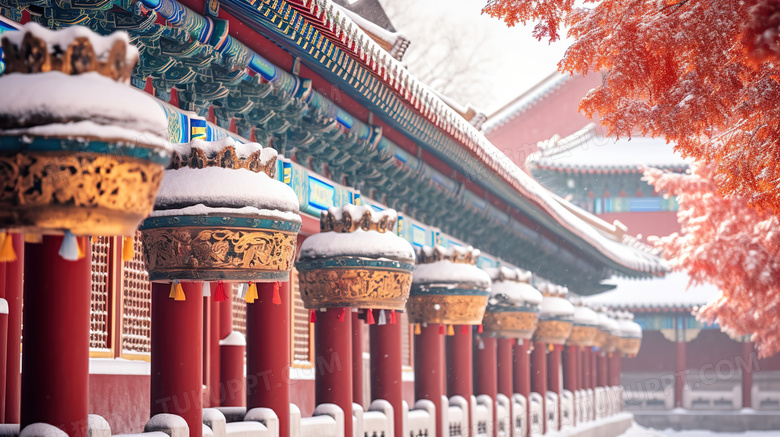 冬天北京故宫走廊上悬挂的灯特写概念图片
