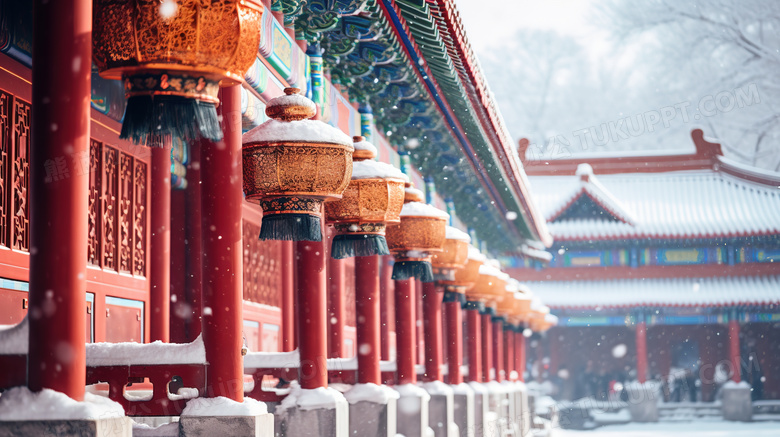 冬天北京故宫走廊上悬挂的灯特写概念图片