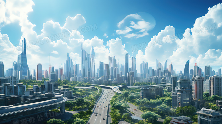蓝天白云下的城市建筑图片