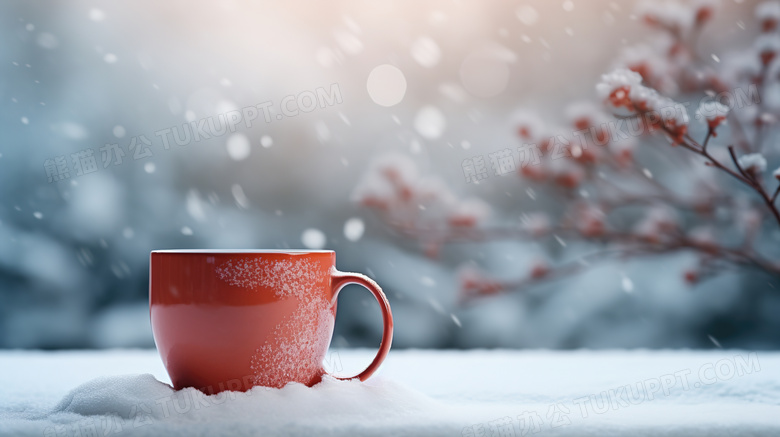 冬季雪地上的橘色咖啡杯子图片
