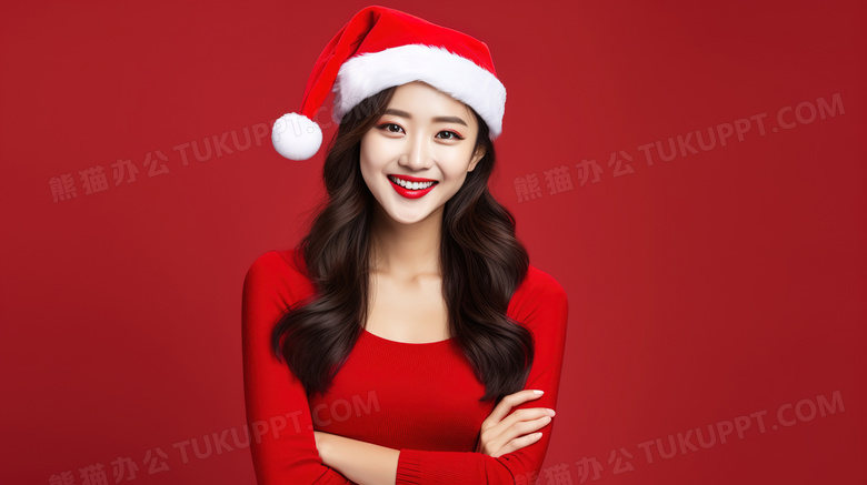 圣诞节戴着红色圣诞帽的美女图片