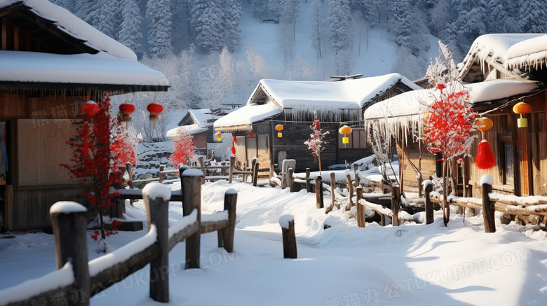 新年冬天村庄乡村雪景图片