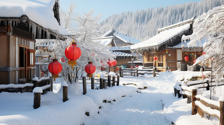 新年冬天村庄乡村雪景图片