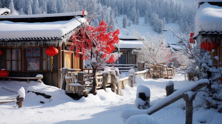 新年冬天村庄乡村雪景图片