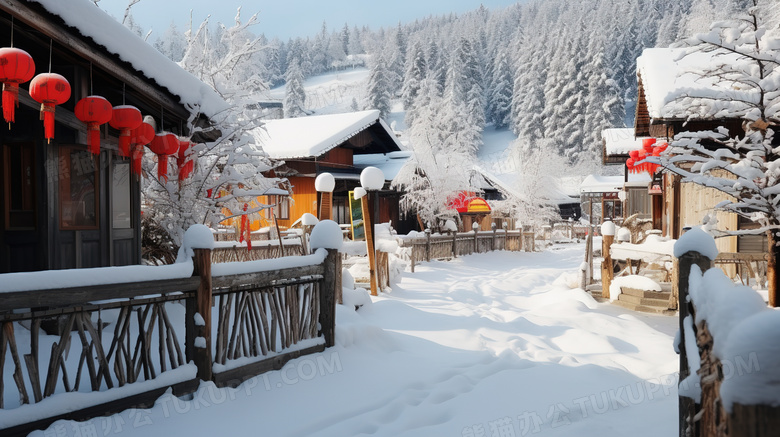 新年冬天村庄乡村雪景图片