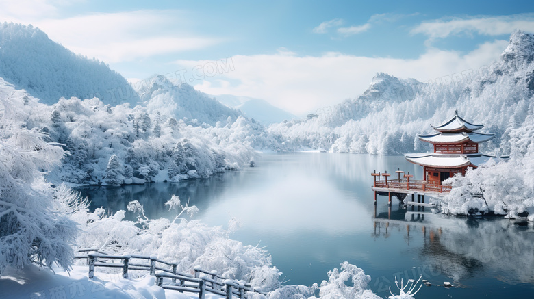冬天湖边雪景古建筑图片