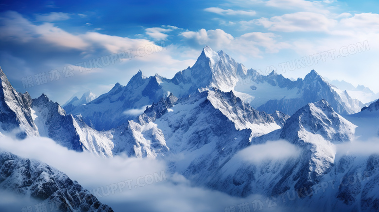 冬季蓝天白云下的雪山美景图片