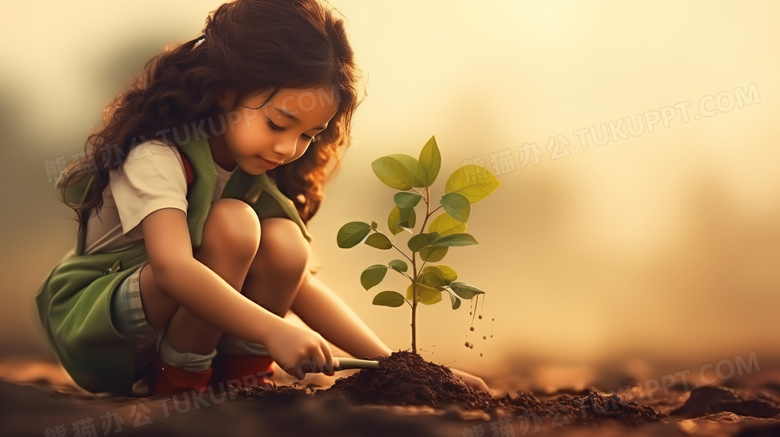 土地上种树苗的小女孩图片
