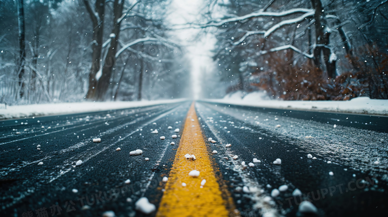 冬天通向远方的积雪森林里的公路图片