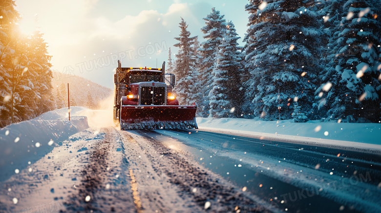 冬季森林公路上工作的铲雪车图片