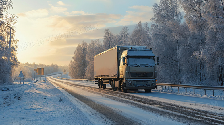 冬天积雪森林公路里行驶的货车图片