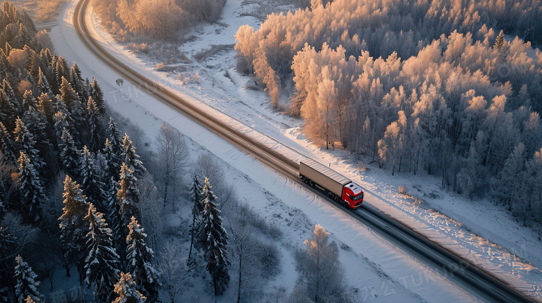冬天积雪森林公路里行驶的货车图片