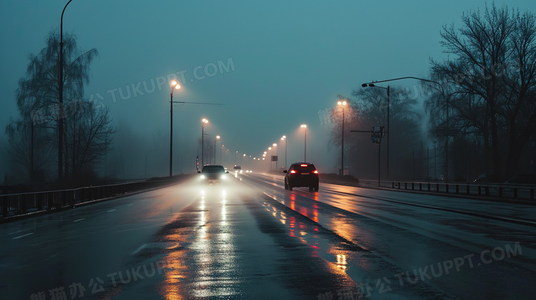 湿滑道路上行驶的车辆图片