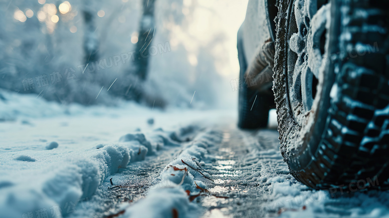 冬季覆盖雪的道路上汽车轮胎特写图片