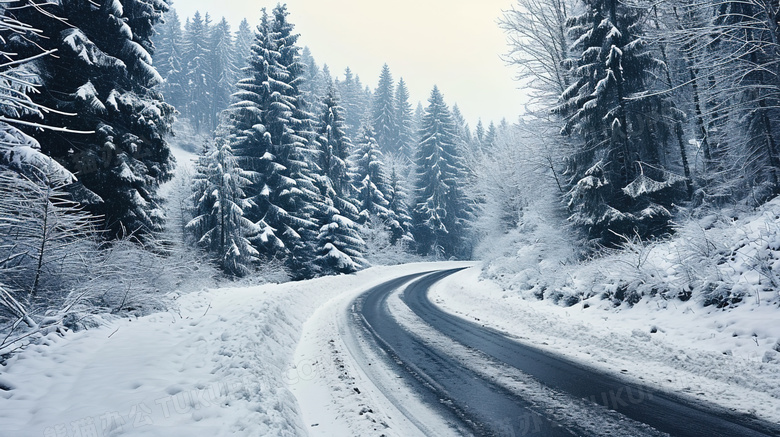 冬季被白雪覆盖的蜿蜒山路图片