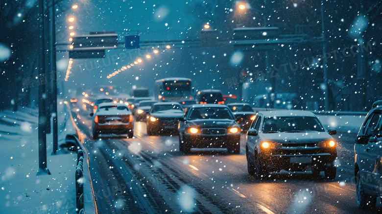 冬天下雪高速公路上的车龙图片