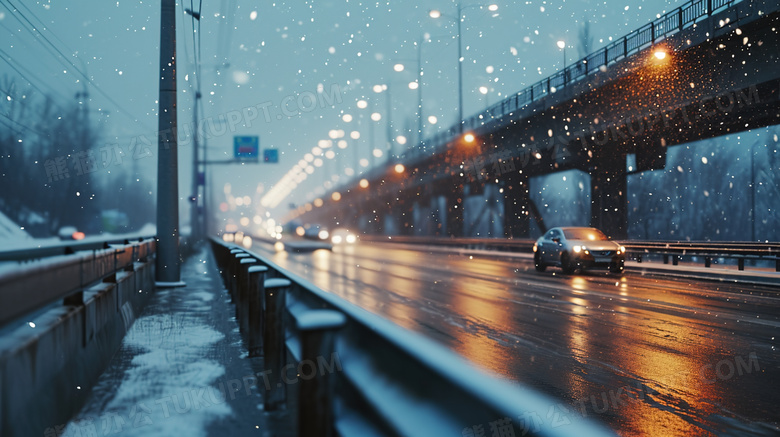 下雪湿滑道路上行驶的车辆图片