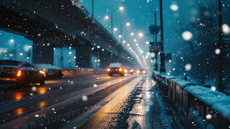 下雪湿滑道路上行驶的车辆图片