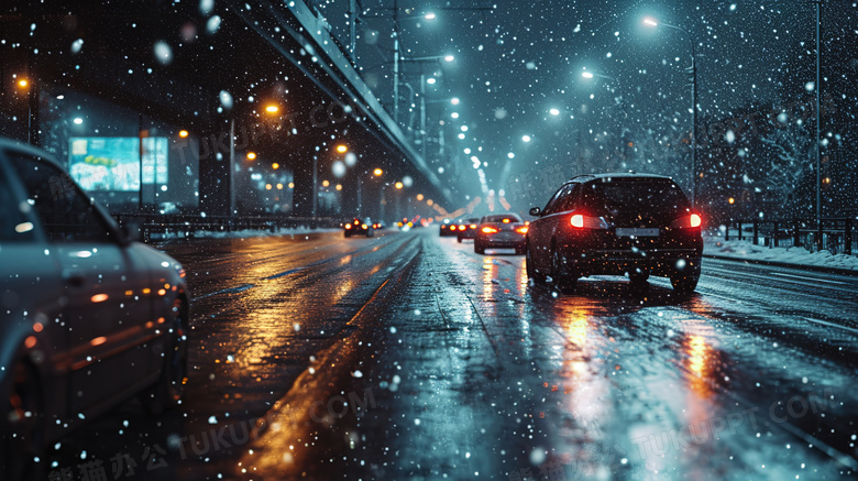 下雪湿滑道路上行驶的车辆图片