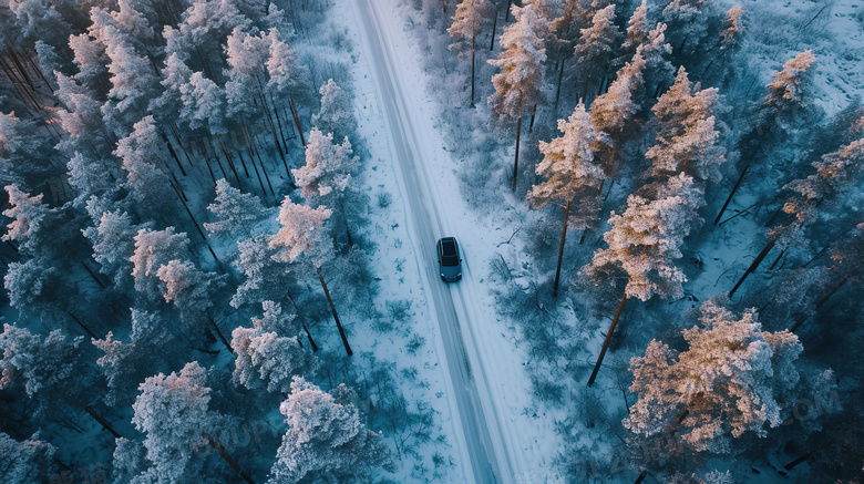冬季积雪松树林中的公路上行驶的车辆俯视图图片