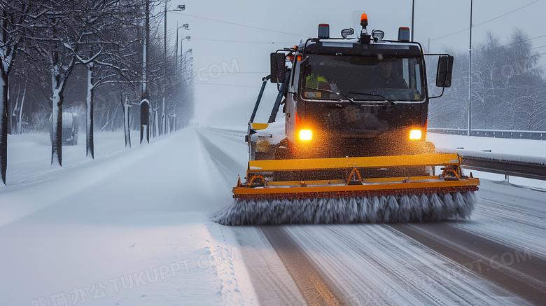 冬季森林公路上工作的扫雪车图片