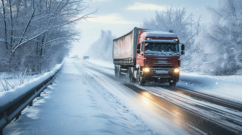 冬天积雪森林旁公路上行驶的货车图片