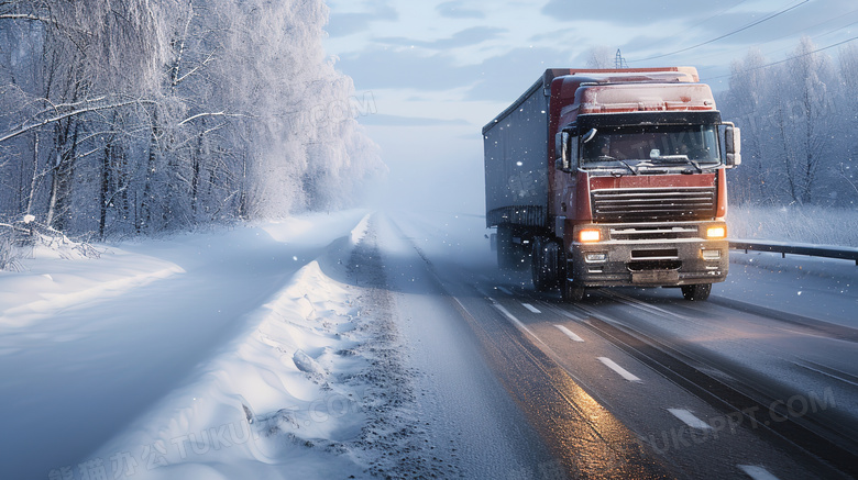 冬天积雪森林旁公路上行驶的货车图片