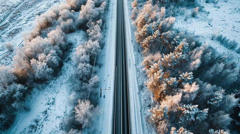 航拍积雪森林公路里行驶的车辆图片