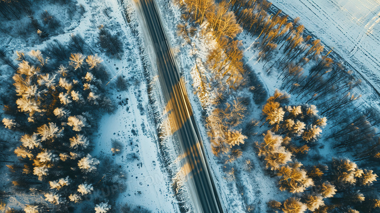 航拍积雪森林公路里行驶的车辆图片